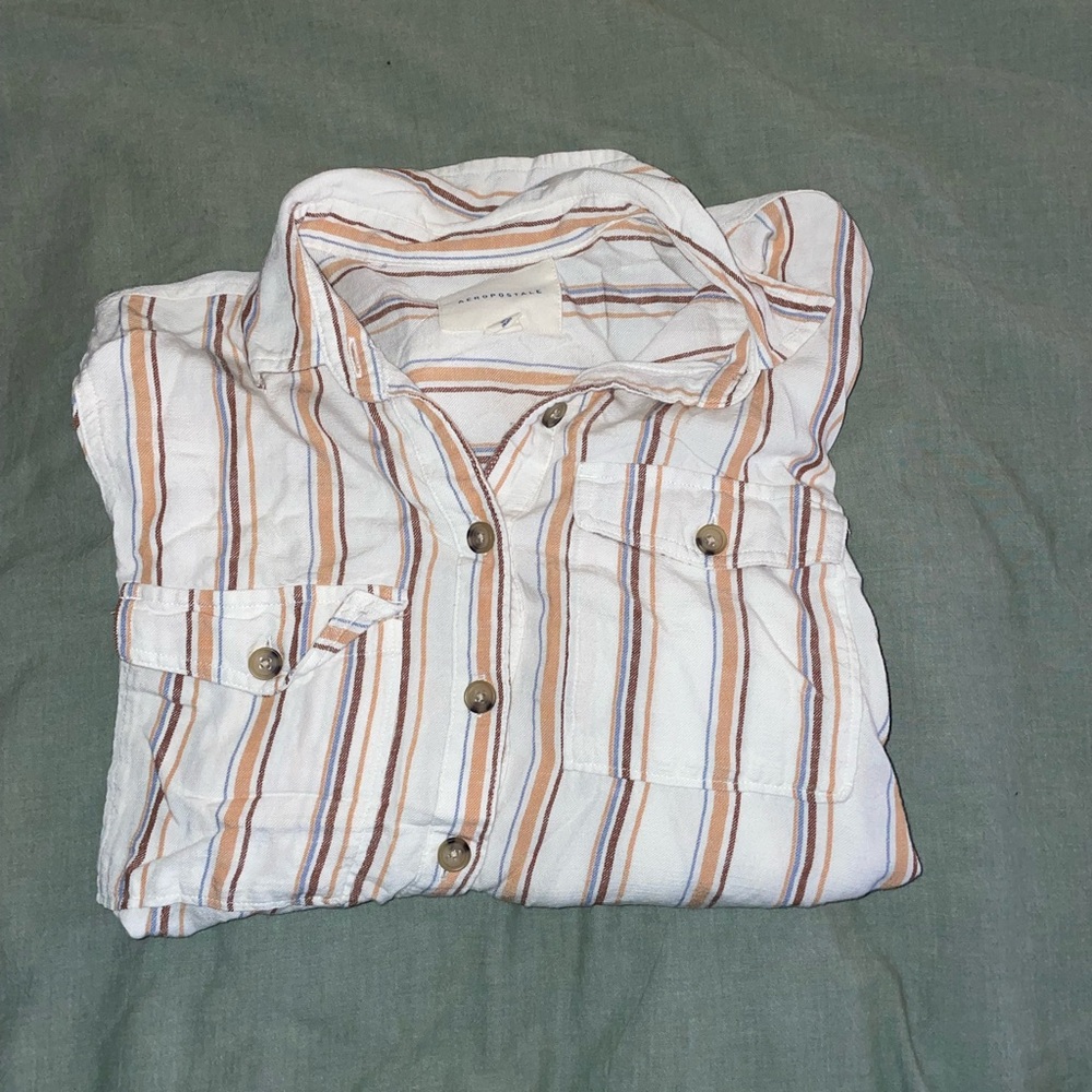 American Eagle Outfitters White and Brown Striped Button Down Shirt